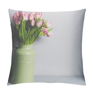 Personality   Fresh Pink Tulip Flowers Bouquet On Shelf In Front Of Stone Wall. View With Copy Space Pillow Covers