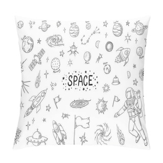 Personality  Doodle Space. Trendy Universe Pattern, Star Astronaut Meteor Rocket Comet Astronomy Elements. Vector Cosmic Pencil Sketch Elements Pillow Covers