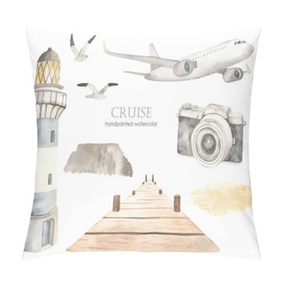 Personality  Airplane, Lighthouse, Pier, Camera, Seagulls. Watercolor Set Of Sea Cruise. Hand Drawn Clipart Pillow Covers