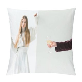 Personality  Cropped View Of Woman Holding Champagne Glass Near Blonde Girl On White  Pillow Covers
