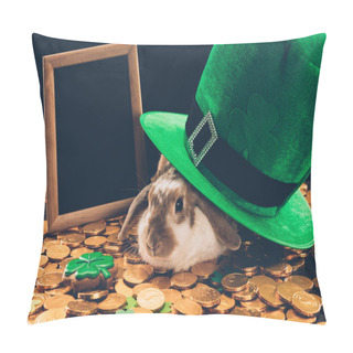 Personality  Domestic Rabbit Sitting On Golden Coins Under Green Hat, St Patricks Day Concept Pillow Covers