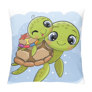Personality  Cute Cartoon Water Turtles Father And Son On A Blue Background Pillow Covers