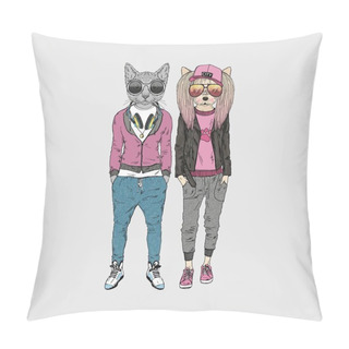 Personality  Dog And Cat Couple In Urban Style Pillow Covers