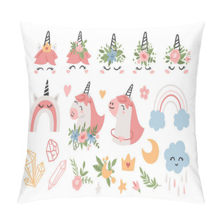 Personality  Pink Cute Unicorn Kids Isolated Clipart Bundle Pillow Covers
