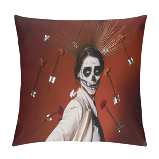 Personality  Elegant Woman In Dia De Los Muertos Makeup And Festive Attire Looking Away On Red Floral Backdrop Pillow Covers