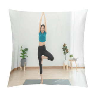 Personality  Slim Woman Practicing Yoga On Room Of Her Condo Or Home. Asian Woman Doing Exercises In Morning. Balance, Meditation, Relaxation, Calm, Good Health, Happy, Relax, Healthy Lifestyle, Diet, Slim Pillow Covers