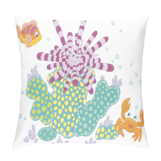 Personality  Striped Long-spine Sea Urchin, A Funny Small Crab And A Colorful Fish Among Corals, Vector Illustration In A Cartoon Style Pillow Covers