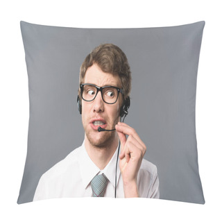 Personality  Confused Call Center Operator In Headset And Glasses Looking Away On Grey Background Pillow Covers