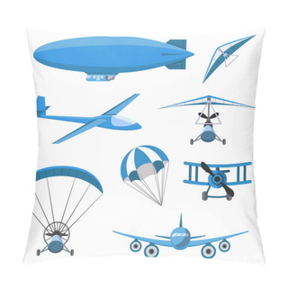 Personality  Aircrafts Icons Set On White Background. Parachute, Airship, Hang-glider, Airplane, Trike, Glider, Paraplane. Pillow Covers
