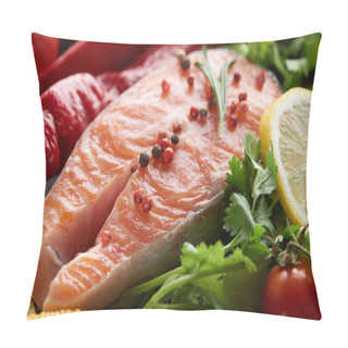 Personality  Close Up View Of Raw Salmon Steak With Spices, Vegetables And Greenery Pillow Covers