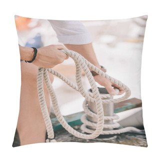 Personality  Cropped Shot Of Young Man Holding Rope At Seaside Pillow Covers