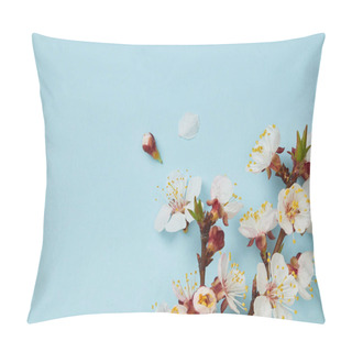 Personality  Close Up Of Tree Branch With Blossoming White Flowers And Petals On Blue Background Pillow Covers