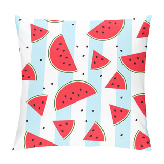 Personality  Seamless Watermelon Slice Pattern. Flat Sweet Fresh Fruit On White Blue Striped Background. Colorful Bright Summer Food. Red Cut Melon With Seeds. Vector Illustration For Prints, Wallpapers, Clothes Pillow Covers
