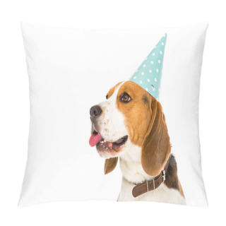 Personality  Side View Of Beagle Dog In Party Cone Sticking Tongue Out Isolated On White Pillow Covers