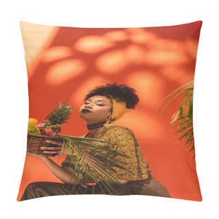 Personality  Young African American Woman Holding Basket With Exotic Fruits And Looking At Camera On Orange Pillow Covers