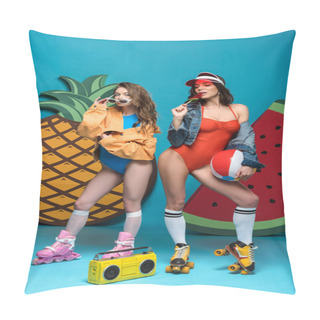 Personality  Full Length View Of Two Stylish Girls In Roller Skates With Beach Ball And Watermelon Lollipop On Blue Pillow Covers