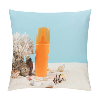 Personality  Orange Bottle Of Sunscreen Near Seashells And Sea Coral On Sand Isolated On Blue Pillow Covers