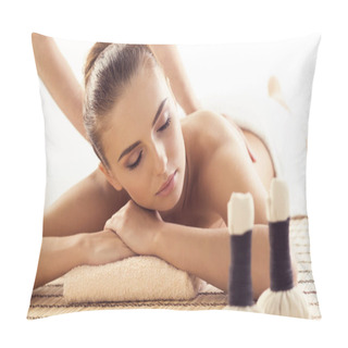 Personality  Close-up Of Young Woman In Spa. Traditional Healing Therapy And Massaging Treatments. Pillow Covers