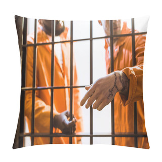 Personality  Multicultural Prisoners Standing Near Prison Bars In Prison Cell Pillow Covers