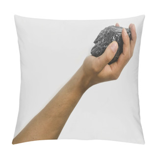 Personality  Male Hand Holding A Lump Of Charcoal Over White Background Pillow Covers