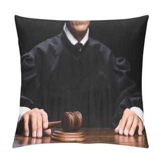 Personality  Cropped View Of Judge In Judicial Robe Sitting At Table And Holding Gavel Isolated On Black Pillow Covers