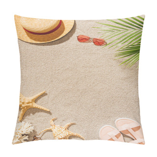 Personality  Top View Of Stylish Hat With Sunglasses And Sandals On Sandy Beach Pillow Covers
