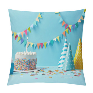 Personality  Delicious Birthday Cake, Gifts, Party Hats And Confetti On Blue Background With Bunting Pillow Covers