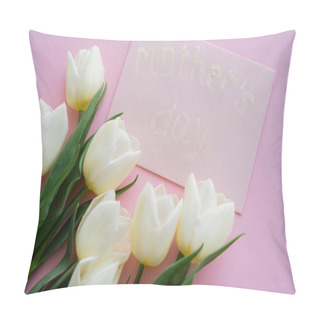 Personality  Top View Of Envelope With Mothers Day Lettering Near Blooming Flowers On Pink  Pillow Covers