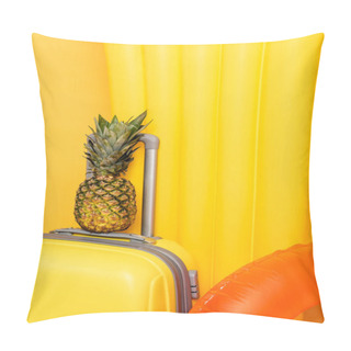 Personality  Close Up View Of Travel Bag With Pineapple Near Pool Floats On Yellow Background Pillow Covers