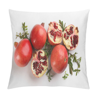 Personality  Flat Lay Composition With Ripe Pomegranates On White Background Pillow Covers