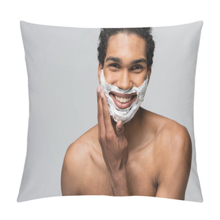 Personality  Shirtless And Happy African American Man Applying Shaving Foam On Face Isolated On Grey Pillow Covers
