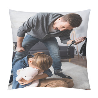 Personality  Angry Man With Waist Belt Screaming At Daughter With Soft Toy At Home  Pillow Covers