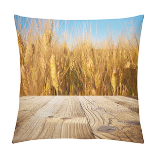 Personality  Empty Wooden Deck Over Wheat Field Background  Pillow Covers