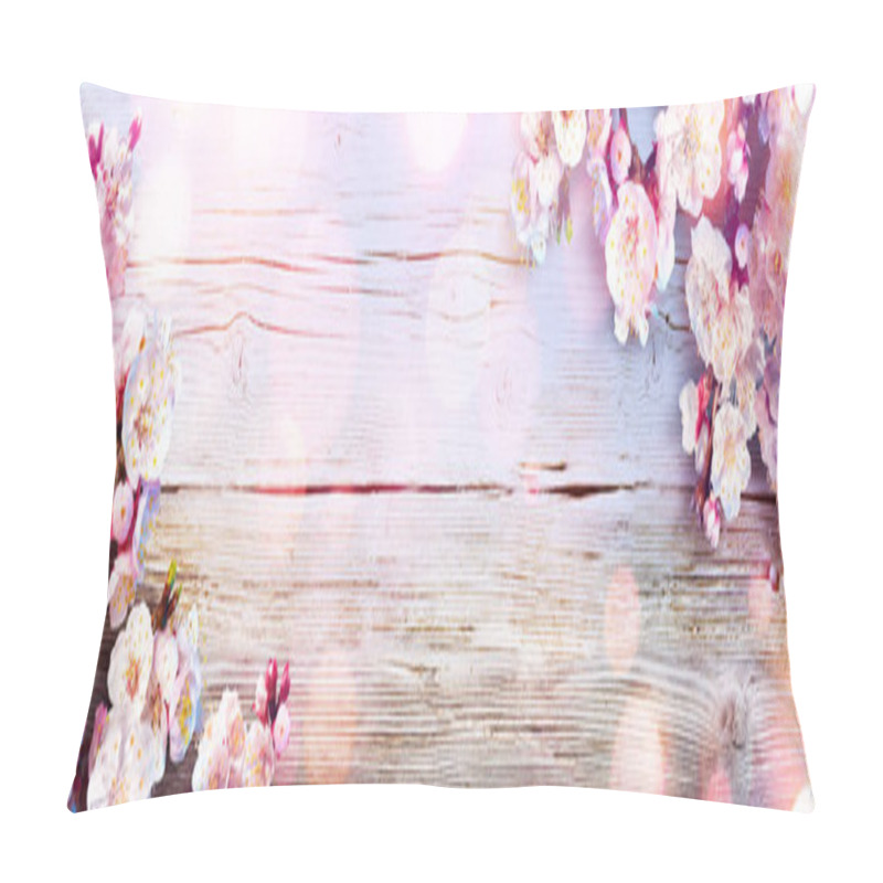 Personality  Spring Banner - Pink Blossoms On Wooden Plank Pillow Covers