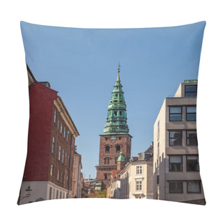 Personality  Old Tower With Tall Spire And Historical Buildings On Street In Copenhagen, Denmark Pillow Covers