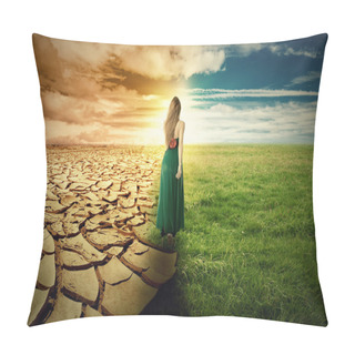 Personality  A Climate Change Concept Image. Landscape Green Grass And Drought Land  Pillow Covers
