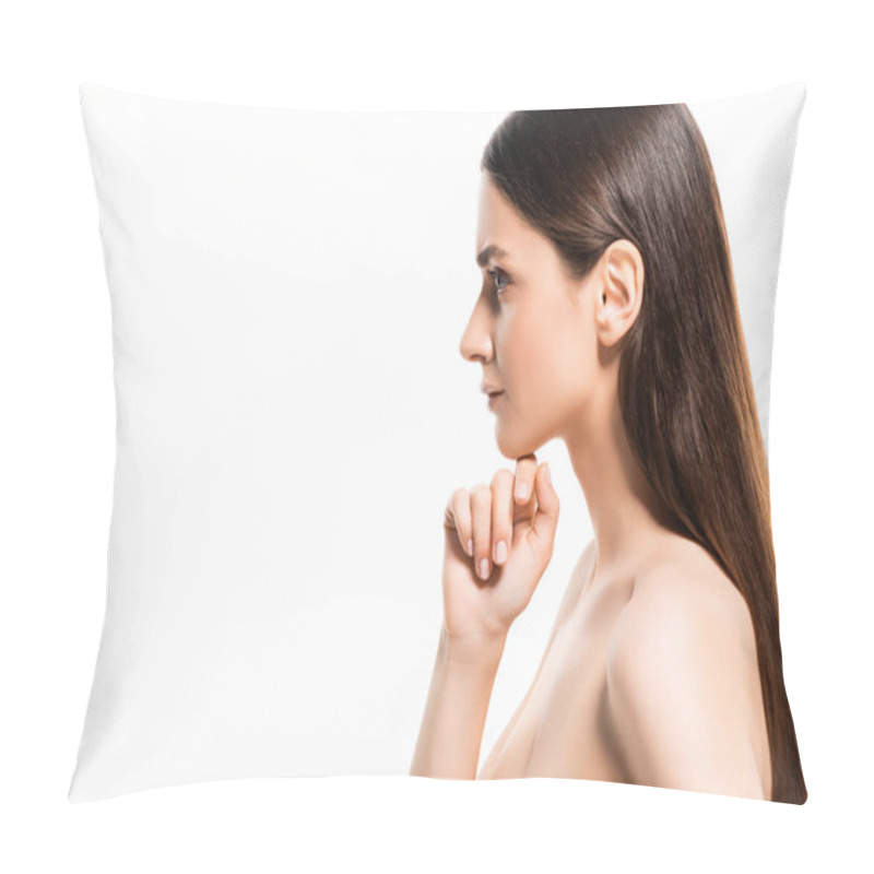 Personality  Side View Of Brunette Young Naked Woman With Perfect Skin Holding Chin Isolated On White Pillow Covers