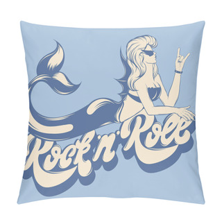 Personality  Rock' N' Roll. Vector Handwrittem Lettering With Hand Drawn Trendy Illustration Of Mermaid Isolated . Crteative Tattoo Artwork. Template For Card, Poster, Banner, Print For T-shirt, Pin, Badge, Patch. Pillow Covers