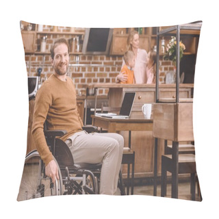 Personality  Disabled Middle Aged Man In Wheelchair Smiling At Camera While Spending Time With Family At Home Pillow Covers
