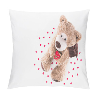 Personality  Top View Of Teddy Bear With Heart Shaped Gift Box And Paper Hearts Isolated On White Pillow Covers