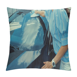 Personality  Cropped View Of Woman Holding Rag While Wiping Car Windshield Pillow Covers