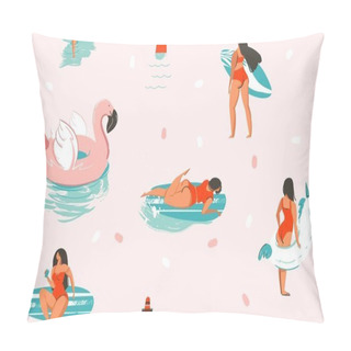 Personality  Hand Drawn Vector Stock Abstract Cute Summer Time Cartoon Illustrations Seamless Pattern With Unicornand Flamingo Rubbers Rings And Dolphins Isolated On Pink Background Pillow Covers