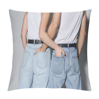 Personality  Back View Of Loving Man And Woman In Blue Casual Jeans Posing With Hands In Pockets, Sexy Couple Pillow Covers