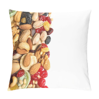Personality  Different Dried Fruits And Nuts On White Background, Top View. Space For Text Pillow Covers