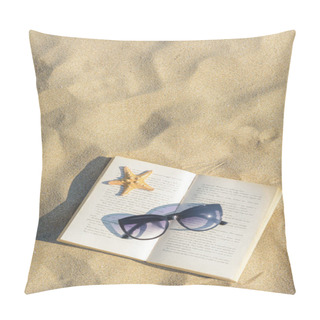 Personality  Beautiful Sunglasses, Book And Starfish On Sand, Top View. Space For Text Pillow Covers