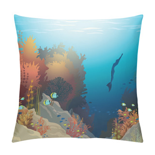 Personality  Underwater Vector - Coral Reef And Free Diver. Pillow Covers