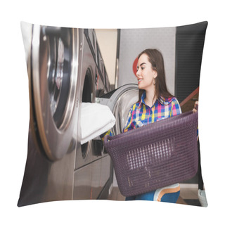 Personality  Girl Loads Laundry Into A Washing Machine. Woman In Laundrette Pillow Covers