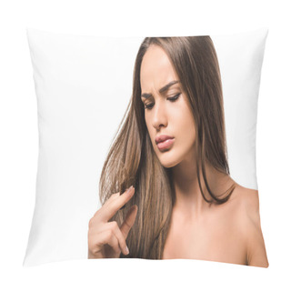 Personality  Worried Beautiful Woman Holding Long Brown Hair And Looking At Tips Isolated On White Pillow Covers