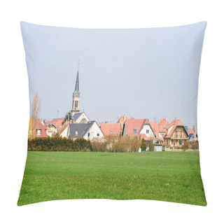 Personality  Village With Church And Green Agricultural Field  Pillow Covers