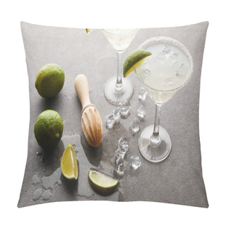 Personality  Close Up View Of Alcohol Cocktails With Pieces Of Lime, Ice Cubes And Wooden Squeezer On Grey Tabletop Pillow Covers